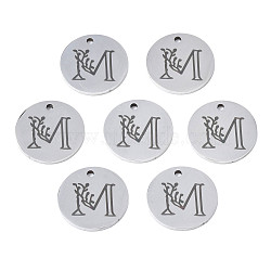 304 Stainless Steel Charms, Laser Cut, Designed Letter Engraved, Flat Round, Stainless Steel Color, Letter.M, 14x1mm, Hole: 1.2mm(STAS-T059-26P-M)