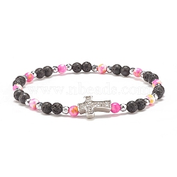 Natural & Synthetic Mixed Gemstone Beaded Stretch Bracelet with Clear Cubic Zirconia Cross for Women, Hot Pink, Inner Diameter: 2-1/4 inch(5.6cm)(BJEW-JB08247-04)