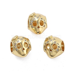 Brass Micro Pave Cubic Zirconia Europe Beads, Large Hole Beads, Long-Lasting Plated, Cadmium Free & Lead Free, Skull, Real 18K Gold Plated, 11.5x9.5x10.5mm, Hole: 5mm(KK-Q006-48G)