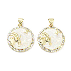 Brass Micro Pave Clear Cubic Zirconia Pendants, with Synthetic Opal and ABS Plastic Pearl, Real 18K Gold Plated, Flat Round with Twelve Constellations Charms, Capricorn, 23x20x2.5mm, Hole: 4.5x3mm(KK-L213-010G-11)