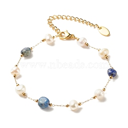 Natural Lapis Lazuli & Pearl Beaded Bracelet, Gold Plated Stainless Steel Jewelry for Women, 7-1/4~7-1/2 inch(18.5~19cm)(BJEW-JB08293-05)
