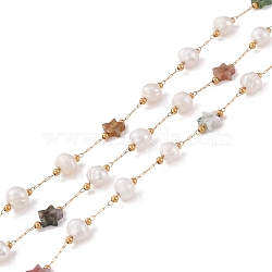 Natural Indian Agate Star and Pearl Beaded Chains, with Stainless Steel Findings, Long-Lasting Plated, Soldered, with Spool, Golden, Link: 2x0.5x0.1mm, Bead: 5.5~7x5.5~6mm, Star: 6x6~6.5x2.5~3mm(CHS-I018-01G-01)