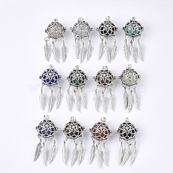 Alloy Cage Big Pendants, Hollow Round, with Mixed Stone Round Beads, Antique Silver, Woven Net/Web with Feather, Mixed Color, 57~58x24x20.5mm, Hole: 8.5x3.5mm, Inner Diameter: 17mm, Bead: 15.5~16mm(G-S246-16)