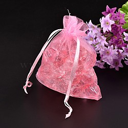 Organza Gift Bags, with Drawstring, Rectangle, Pink, 12x10cm(OP103)