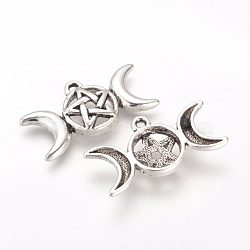 Tibetan Style Alloy Pendants, Cadmium Free & Nickel Free & Lead Free, Triple Goddess Pentagram Moon, Pagan Jewelry, Antique Silver, 16x30x4mm, Hole: 2mm, about 390pcs/1000g(TIBE-Q070-51AS-NR)