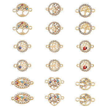 18Pcs 9 Styles Alloy Crystal Rhinestone Connector Charms, with Enamel Evil Eye/ladybug, Tree of Life Links, Golden, Mixed Color, 10.5~23x14~26x2~3.5mm, Hole: 1.6~2mm, 2pcs/style