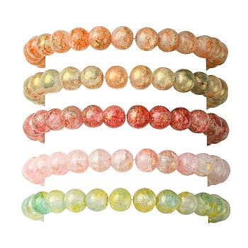 5Pcs 5 Color Crackle Glass Round Beaded Stretch Bracelets Set, Yellow Green, Inner Diameter: 2~2-1/8 inch(5.2~5.5cm), 1Pc/color