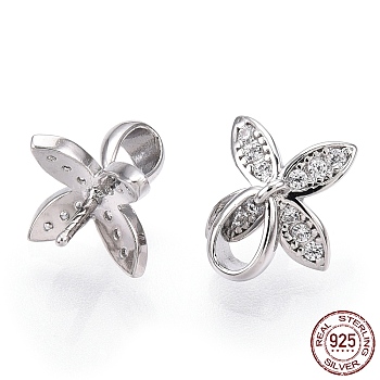 Rhodium Plated 925 Sterling Silver Micro Pave Cubic Zirconia Peg Bails, Leaf Cup Peg Bails, For Half Drilled Beads, Nickel Free, with S925 Stamp, Real Platinum Plated, 11x9.5x9.5mm, Hole: 2x3.5mm, Pin: 0.8mm