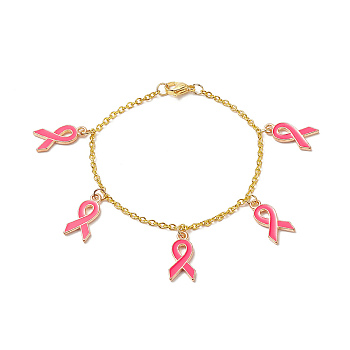 Pink Breast Cancer Awareness Ribbon Alloy Enamel Charm Bracelet, Iron Jewelry for Women, Golden, 7-7/8 inch(19.9cm)