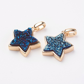 Electroplated Natural Druzy Quartz Pendants, with Brass Findings, Star, Golden, Marine Blue, 16.5x15x4~5mm, Hole: 2x3mm