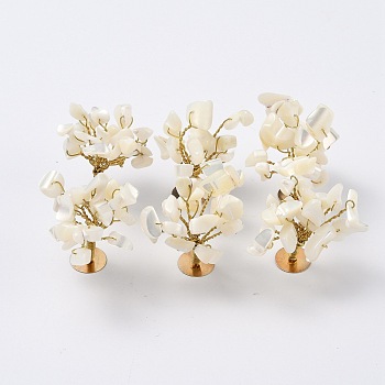Natural White Shell Mother of Pearl Shell Chips Display Decorations, with Golden Plated Brass Wires, Lucky Tree, 24~27x32~41x33~42mm