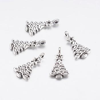 Tibetan Style Pendant Beads, Zinc Alloy, Lead Free and Cadmium Free, Antique Silver, Christmas Tree, 11mm wide, 21mm long, hole: 1mm