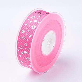 Polyester Grosgrain Ribbon, Star Pattern, Pink, 1 inch(25mm), about 100yards/roll(91.44m/roll)