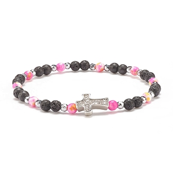 Natural & Synthetic Mixed Gemstone Beaded Stretch Bracelet with Clear Cubic Zirconia Cross for Women, Hot Pink, Inner Diameter: 2-1/4 inch(5.6cm)