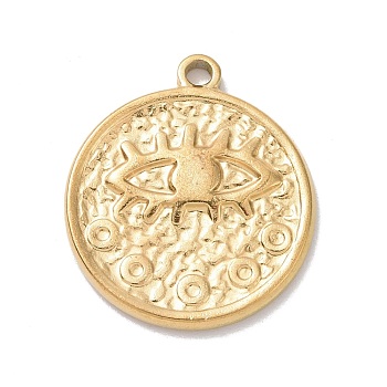 304 Stainless Steel Pendants, Textured, Flat Round with Eye, Golden, 19.5x16x2mm, Hole: 1.5mm