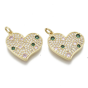 Brass Micro Pave Cubic Zirconia Pendants, with Jump Ring, Nickel Free, Heart, Real 16K Gold Plated, Colorful, 17x20.5x2mm, Hole: 3mm