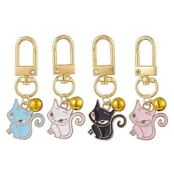 Alloy Enamel Pendant Decorations, with Swivel Snap Clasp and Bell, for Keychain, Purse, Backpack Ornament, Fox, Mixed Color, 55mm, 4pcs/set.