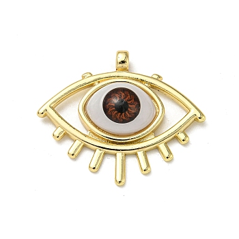 Real 18K Gold Plated Brass Pendants, with Acrylic, Evil Eye Charms, Dark Orange, 26x31x7mm, Hole: 2.5mm