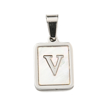 304 Stainless Steel Pave Natural White Shell Pendants, Rectangle with Letter Charms, Stainless Steel Color, Letter V, 17.5x12x1.5mm, Hole: 6x3mm