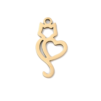 201 Stainless Steel Pendants, Cat Shape Charms, Real 18K Gold Plated, 20x10x1mm, Hole: 1.4mm