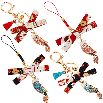 4Pcs 4 Style Japanese Style Cute Lithium Fish Lucky Mobile Phone Straps & Keychain, with Bowknot and Tassel Charms, for Phone Car Bag Pendant Keychain, Mixed Color, 1.3cm and 1.4cm, 1pc/style
