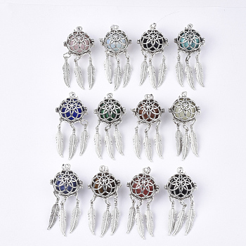 Alloy Cage Big Pendants, Hollow Round, with Synthetic Mixed Stone Round Beads, Antique Silver, Woven Net/Web with Feather, Mixed Color, 57~58x24x20.5mm, Hole: 8.5x3.5mm, Inner Diameter: 17mm, Bead: 15.5~16mm