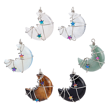 6Pcs 6 Styles Natural & Synthetic Gemstone Copper Wire Pendants, Moon, Platinum, 43x29~30x7.5~9mm, Hole: 4mm, 1pc/style