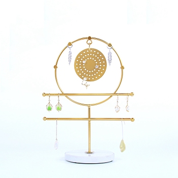 Sun Iron Storage Jewelry Rack, Jewelry Display Holder with Round Marble Base, for Earrings, Necklaces, Bracelets, Golden, 18.7x9.8x24.5cm