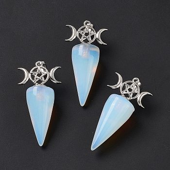 Opalite Pendants, Cone Charms, with Platinum Tone Brass Triple Moon with Star Findings, Cadmium Free & Nickel Free & Lead Free, 47~50x23x14.5~15mm, Hole: 7.5x5mm
