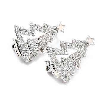 Brass Micro Pave Clear Cubic Zirconia Brooch for Christmas, Long-Lasting Plated, Lead Free & Cadmium Free & Nickel Low, Christmas Tree, Platinum, 26.5x18x8mm, Pin: 0.8mm