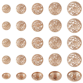 25Pcs 5 Styles 1-Hole Retro Zinc Alloy Shank Buttons, Hollow, Garment Decoration, Coffee, 15~25x9~12.5mm, Hole: 2.2~2.8mm, 5pcs/style