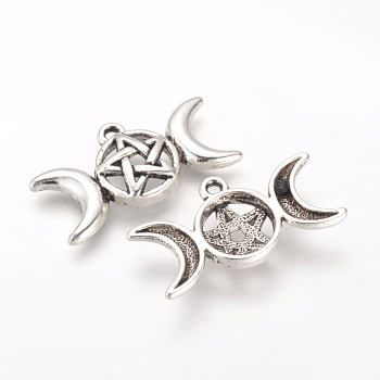 Tibetan Style Alloy Pendants, Cadmium Free & Nickel Free & Lead Free, Triple Goddess Pentagram Moon, Pagan Jewelry, Antique Silver, 16x30x4mm, Hole: 2mm, about 390pcs/1000g