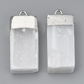 Natural Selenite Pendant, with  Iron Loops, Rectangle, Platinum, 34~35.5x14.5~17x9~10mm, Hole: 2.5mm