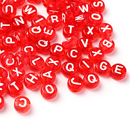 Transparent Red Acrylic Beads, Horizontal Hole, Mixed Letters, Flat Round with White Letter, 7x4mm, Hole: 1.5mm, 100pcs/Bag(TACR-YW0001-08L)