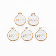 Alloy Enamel Charms, Cadmium Free & Lead Free, Light Gold, Flat Round with Mom, White, 14.5x12x2mm, Hole: 1.4mm(ENAM-T016-11E-RS)