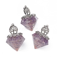 Natural Amethyst Pendants, Faceted Diamond Charms, with Rack Plating Antique Silver Tone Alloy Tree of Life, Cadmium Free & Lead Free, 41.5x29.5x29.5mm, Hole: 4mm(G-P491-01AS-05)