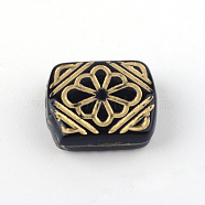 Rectangle with Flower Plating Acrylic Beads, Golden Metal Enlaced, Black, 12x10x5mm, Hole: 1.5mm, about 1016pcs/500g(PACR-Q102-205B)