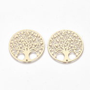 Brass Links connectors, Etched Metal Embellishments, Flat Round with Tree, Light Gold, 30x0.3mm, Hole: 1.2mm(X-KKC-T001-20KC)