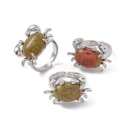 Natural Unakite Crab Open Cuff Ring, Platinum Brass Jewelry for Women, Cadmium Free & Lead Free, US Size 7 1/4(17.5mm)(RJEW-I090-01P-14)
