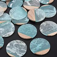 Transparent Resin & Walnut Wood Pendants, Two Tone, Flat Round, Pale Turquoise, 38.5x3.5mm, Hole: 2mm(RESI-T035-25-A02)