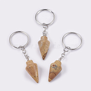 Natural Picture Jasper Keychain, with Iron Key Rings, Platinum, 78mm, Pendant: 32x14mm(KEYC-P041-A06)
