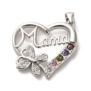 Mother's Day Brass Micro Pave Cubic Zirconia Pendants, Heart with Word Mama, Platinum, 25x26x4mm, Hole: 5x3.5mm(ZIRC-P114-01P)