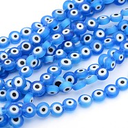 Handmade Lampwork Beads, Evil Eye, Flat Round, Cyan, about 8mm in diameter, 4mm thick, hole: 1mm, about 50pcs/strand(DF021Y-2)
