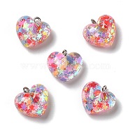 Transparent Resin Pendants, with Platinum Tone Iron Loops & Glitter Powder, Heart, Colorful, 17.5x18x10mm, Hole: 2mm(X-RESI-D055-087P)