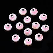 Natural Freshwater Shell Beads, with Enamel, Flat Round with Evil Eye, Pink, 6x3~4mm, Hole: 0.8mm(SHEL-N003-16E)
