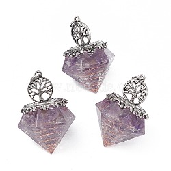 Natural Amethyst Pendants, Faceted Diamond Charms, with Rack Plating Antique Silver Tone Alloy Tree of Life, Cadmium Free & Lead Free, 41.5x29.5x29.5mm, Hole: 4mm(G-P491-01AS-05)