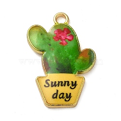 Alloy Enamel Pendants, Cactus with Word Sunny Day Charm, Golden, Lime Green, 23.5x16x2mm, Hole: 1.8mm(ENAM-Q507-09C)