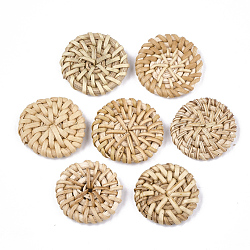 Handmade Reed Cane/Rattan Woven Beads, For Making Straw Earrings and Necklaces, No Hole/Undrilled, Flat Round, BurlyWood, 30~35x5~7mm(WOVE-T006-131B)