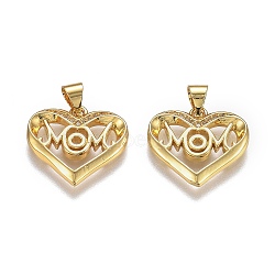 Brass Micro Pave Clear Cubic Zirconia Pendants, with Snap on Bails, for Mother's Day, Long-Lasting Plated, Heart with Word Mom, Real 18K Gold Plated, 16.5x18x2mm, Hole: 5mm(X-ZIRC-A011-08G)