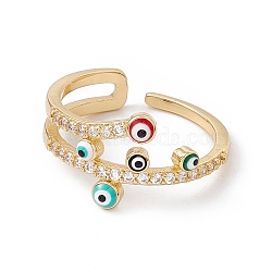 Colorful Enamel Evil Eye Open Cuff Ring with Cubic Zirconia, Rack Plating Brass Jewelry for Women, Cadmium Free & Nickel Free & Lead Free, Real 18K Gold Plated, US Size 6 1/2(16.9mm)(RJEW-B043-13)